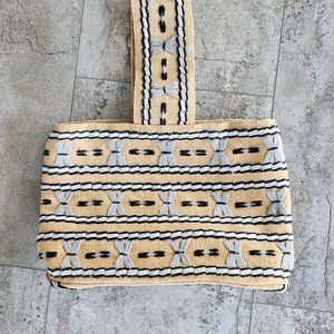 Vintage 1970's Hand Embroidered Burlap and Corduroy Purse